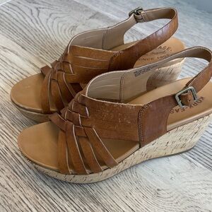 Kork-Ease Cognac Brown Leather Wedge Sandals